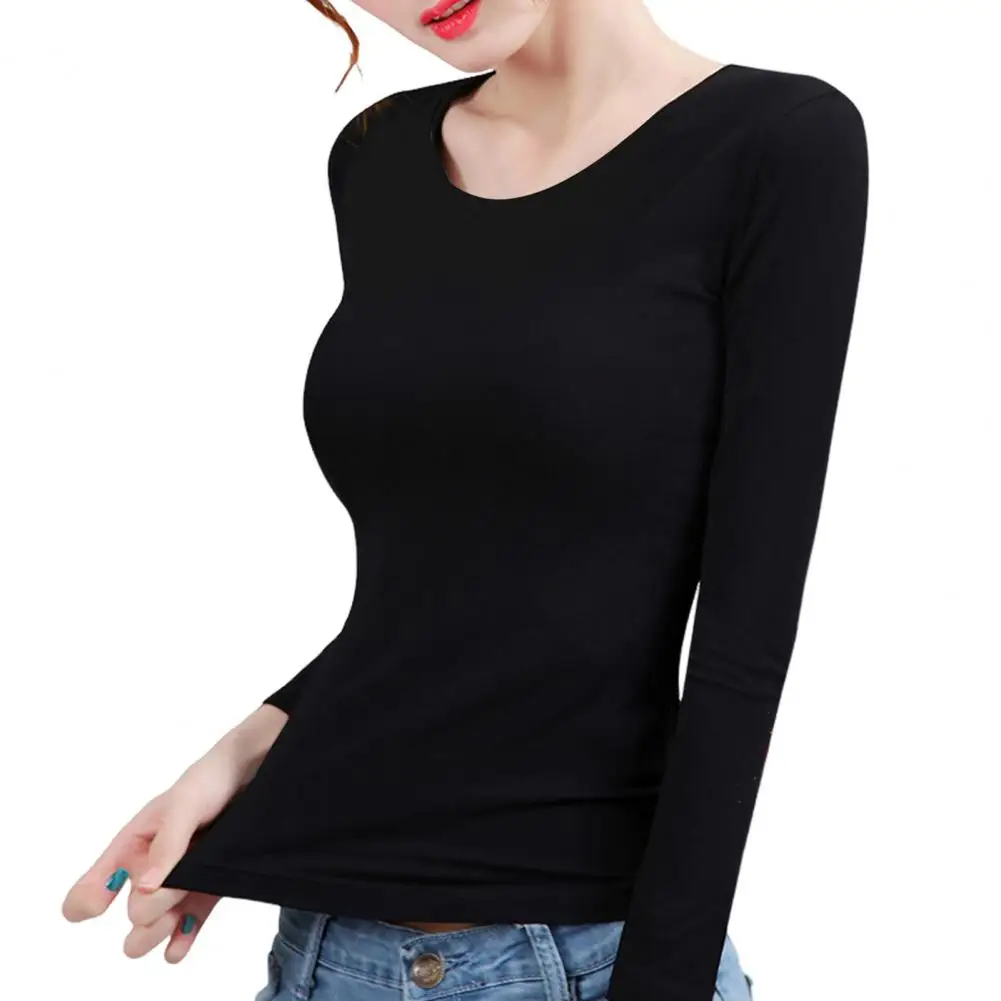 Slim Women Thermal Top Round Neck Long Sleeve Wool Velvet Lining Bottoming Tops Solid Color Warm Thermal Tee Shirt