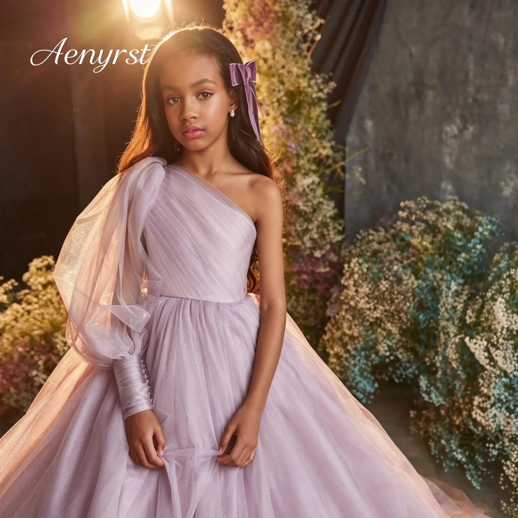 Lavender One‑Shoulder Girls Pageant Formal Gown Single Puff Tulle Long Sleeve Pleated Bodice Floor‑Length Party Dress