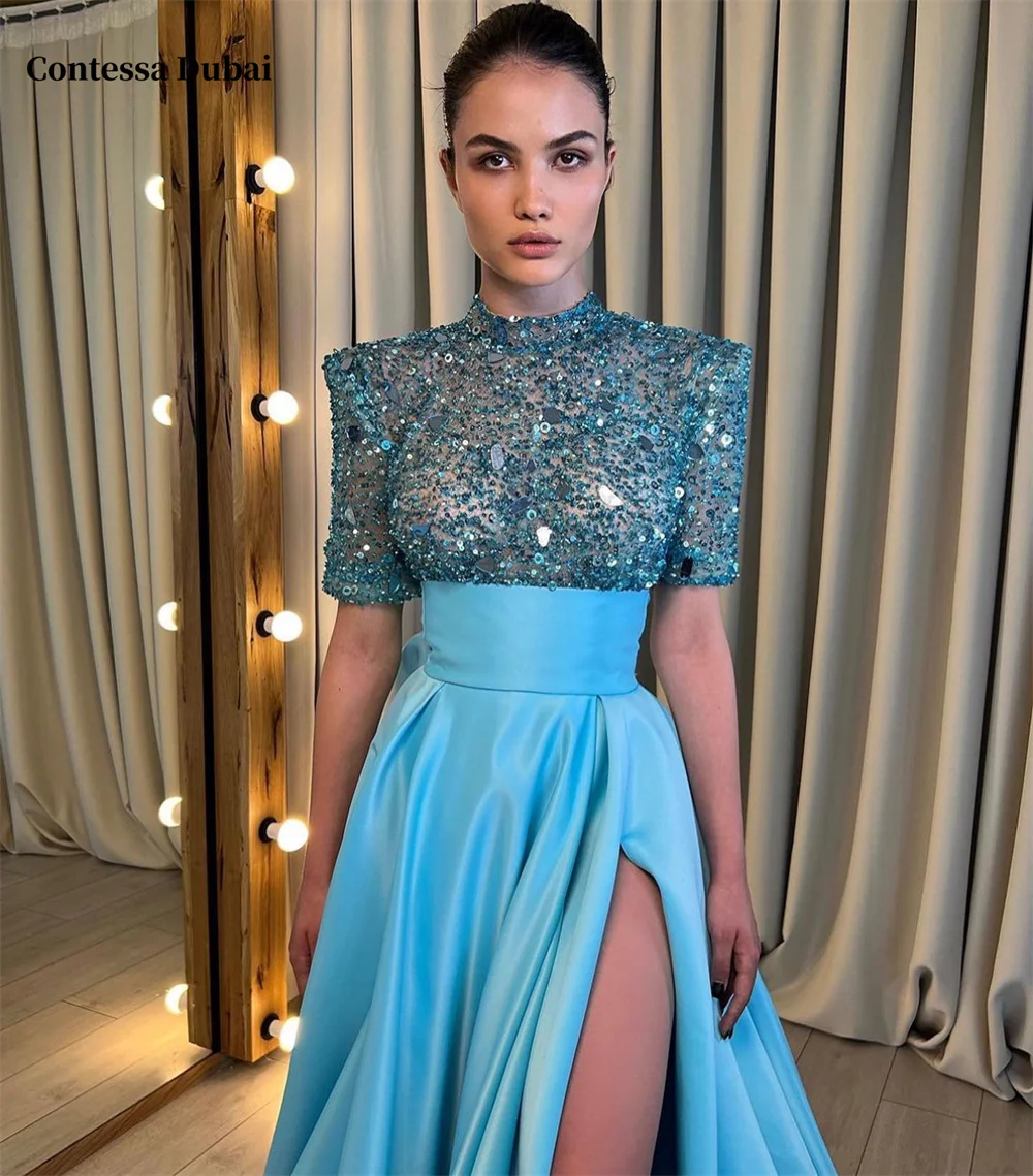 

Contessa Dubai Customized A-Line High Neck Prom Dress Side Slits Shiny Sequins Vestidos de noche Cathedral Train Formal Evening