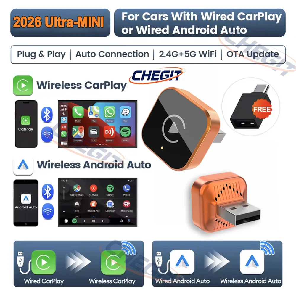

Адаптер 2-в-1 для CarPlay и Android Auto (проводной в беспроводной), Bluetooth Smart Mini Box для штатных автомобильных мультимедийных систем с USB-донглом, Plug and Play For VW Toyota Nissan Honda Kia Opel MG