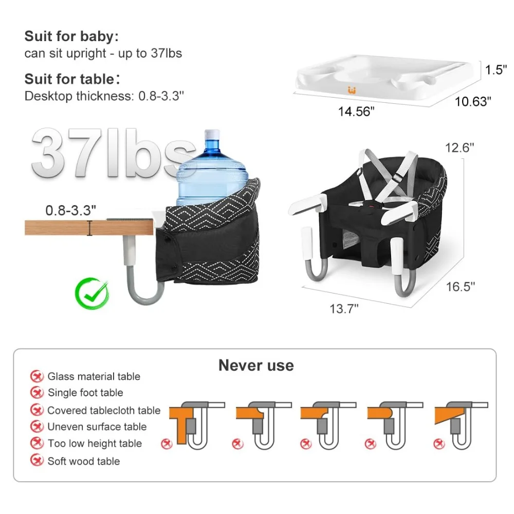 Seggiolone portatile con gancio e vassoio per neonati e bambini piccoli, adatta al tavolo, seggiolino per l'alimentazione in striscia nera
