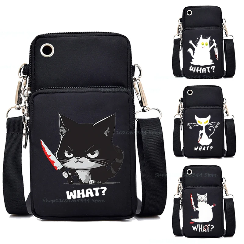 Cat Holding A Knife Funny Fashion Mini Mobile Phone Bag Women Men Cartoon Animal Kitten Messenger Bag Hanging Neck Coin Handbag