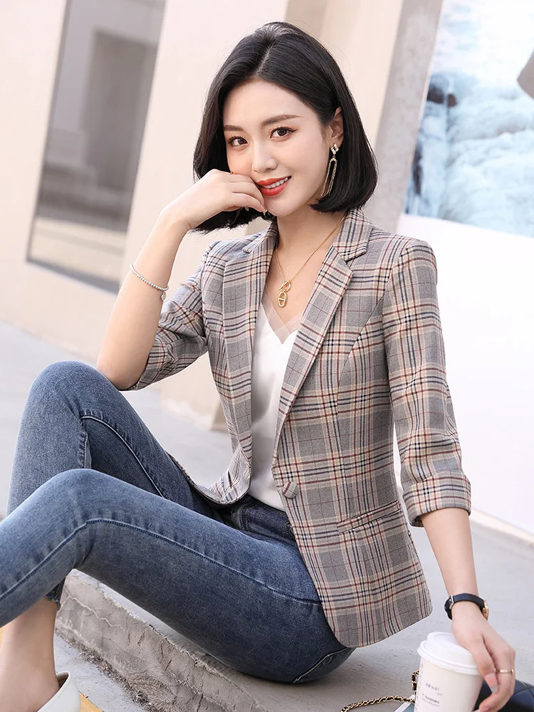 

Casual Plaid ature Women's Jaet Spring Summer Thin Svel Briti Sle Korean Version Small Size Suit Top