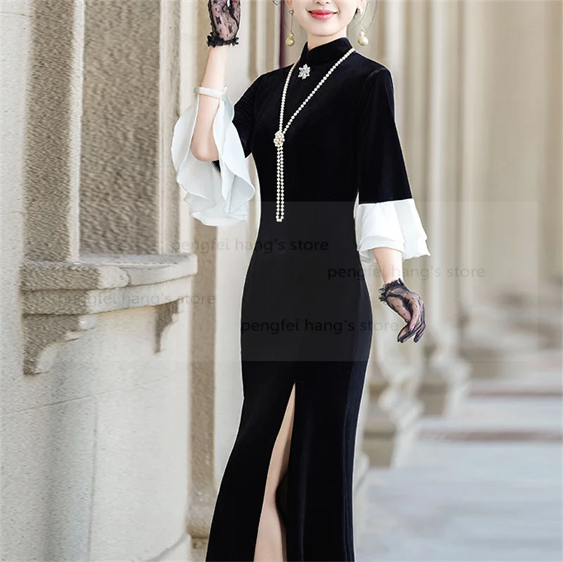 

Elegant Velvet Qipao Lady Fashion Flare Sleeve Improvef Chesongam Sexy Chinese Style Dress Slit Vestidos Performance Costume