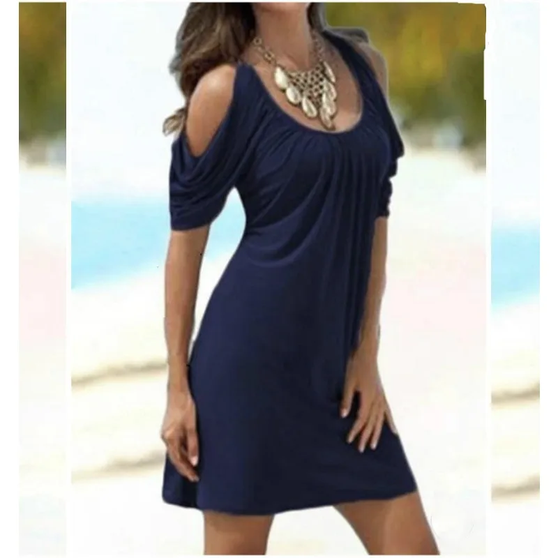 Summer Sexy Dress Women's Solid Color Loose Hollow Out Off Shoulder Mini Dress Women O-Neck Short Pile Up Sleeve Pleated Dress