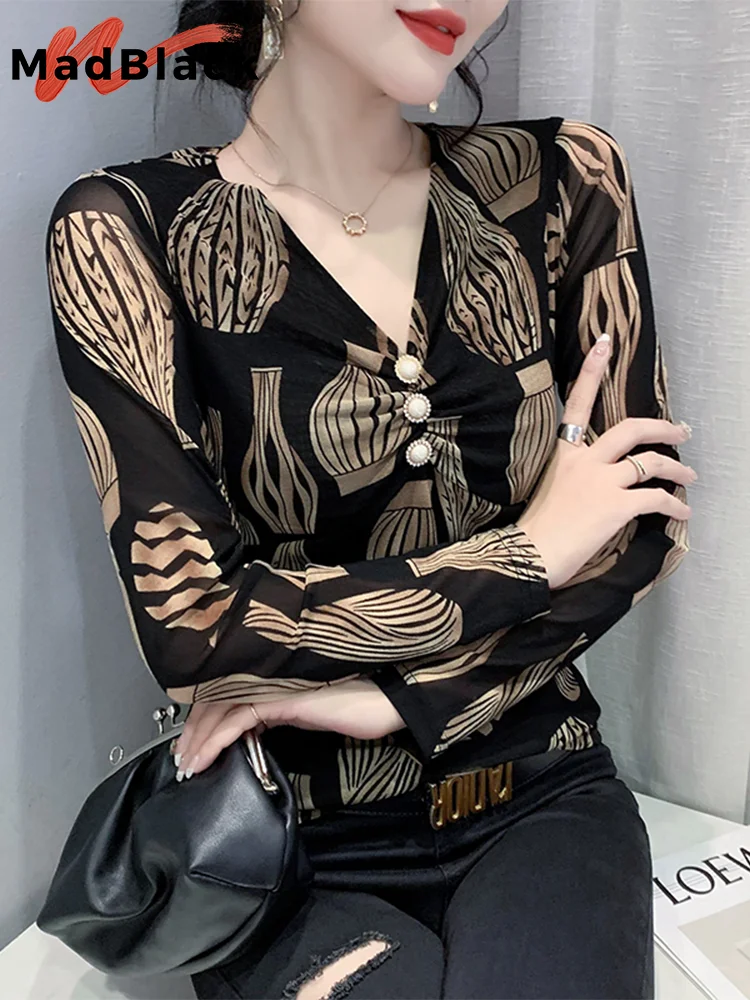 

MadBlack European Clothes Tshirts Women Sexy V Necks Printed Button Slim Mesh Top Long Sleeve Tees Autumn Winter New T43107JM