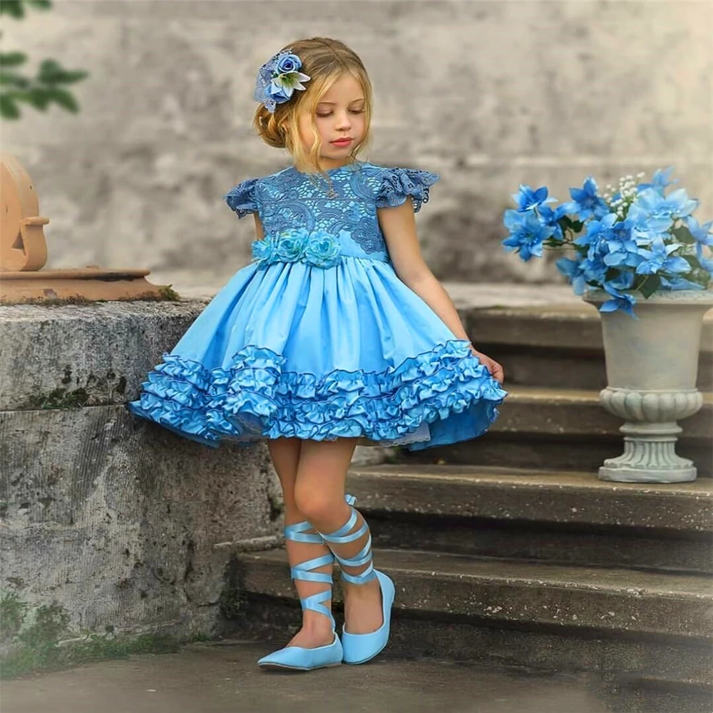 Flower Girl Princess Ball Dress, Vestidos de Primeira Comunhão, Elegante Azul Fluffy Tulle Printing, Presente de Aniversário Surpresa