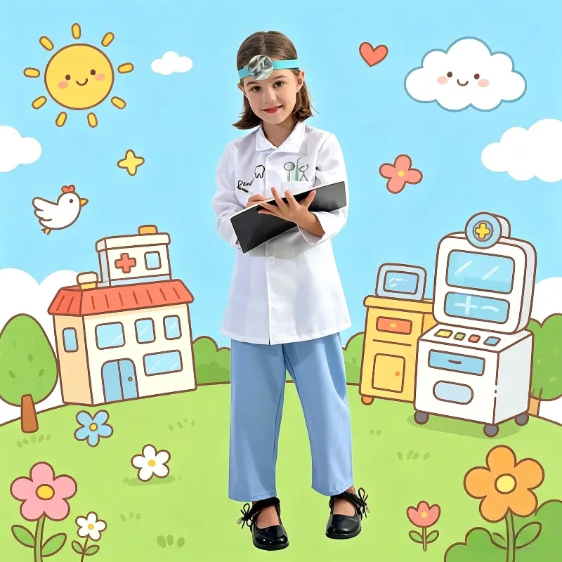 

Boys Girls Dentist Cosplay Costume White Coat Headlamp Mask Doctor Suit for Halloween Party Stage Performance Cos Outfits