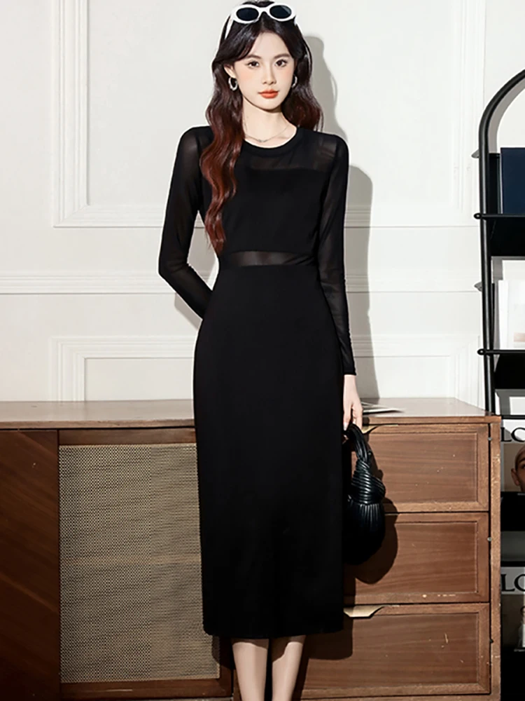 Outono inverno preto retalhos malha pura sexy vestido longo feminino elegante bodycon vestido 2025 coreano vintage bodycon vestidos de luxo