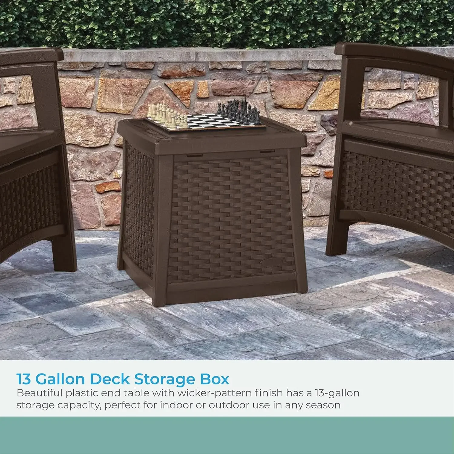 Suncast 13 Gallon Resin Outdoor Patio End Table Storage Box, Java