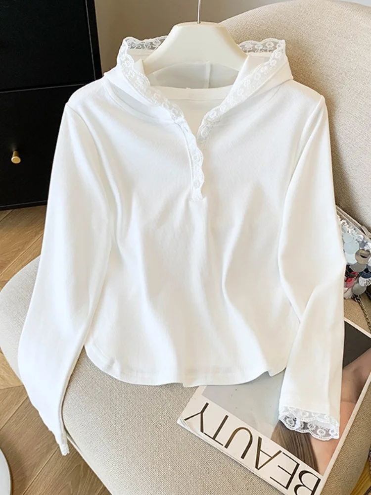 Camiseta con capucha larga de retazos de encaje para mujer, diseño de principios de otoño, Top ajustado ort, Self-kept Sle, viaje coreano Sle Cotto...