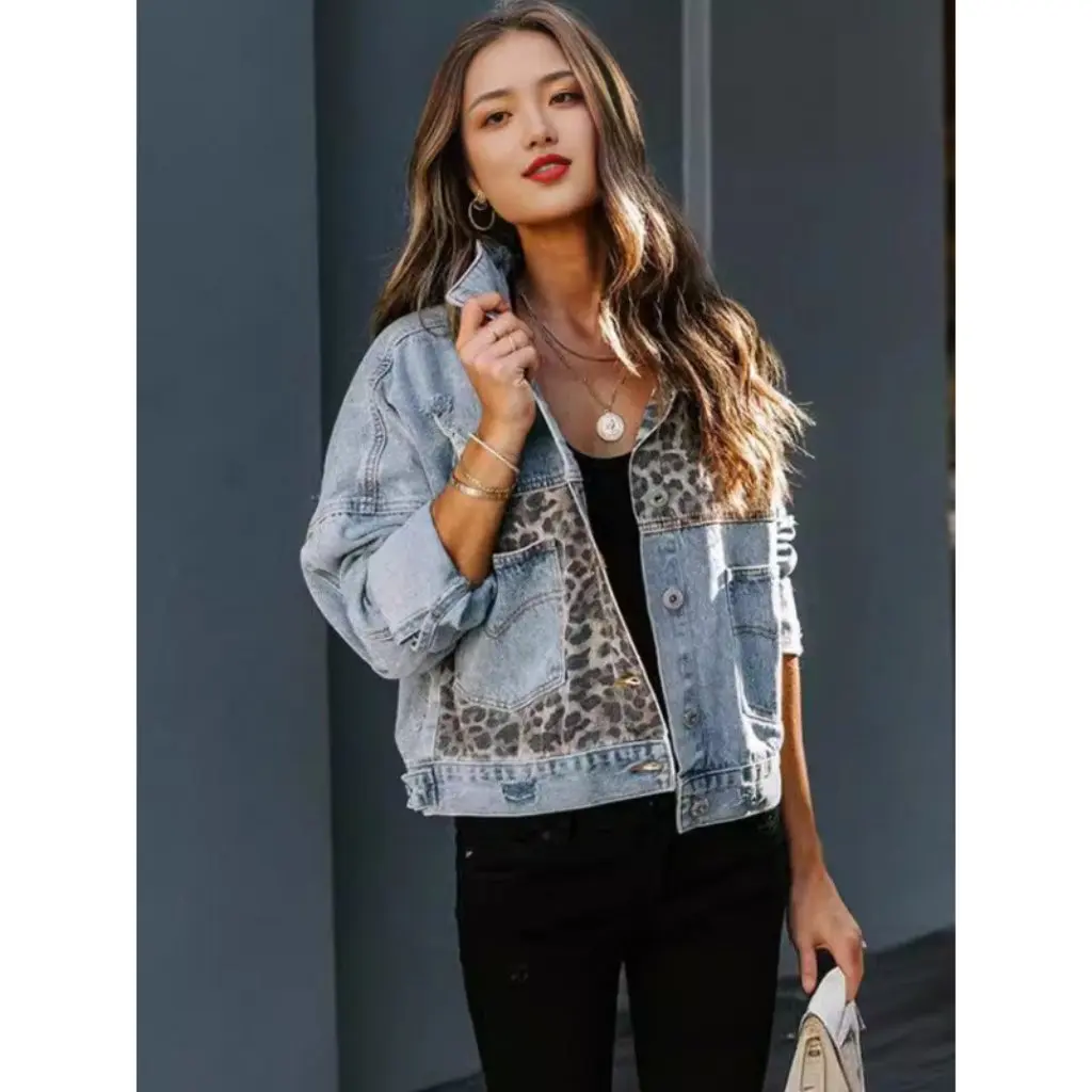 Autumn Winter Women's Long Sleeve Denim Jacket Leopard Print Patchwork Top Independent Station European And American Style