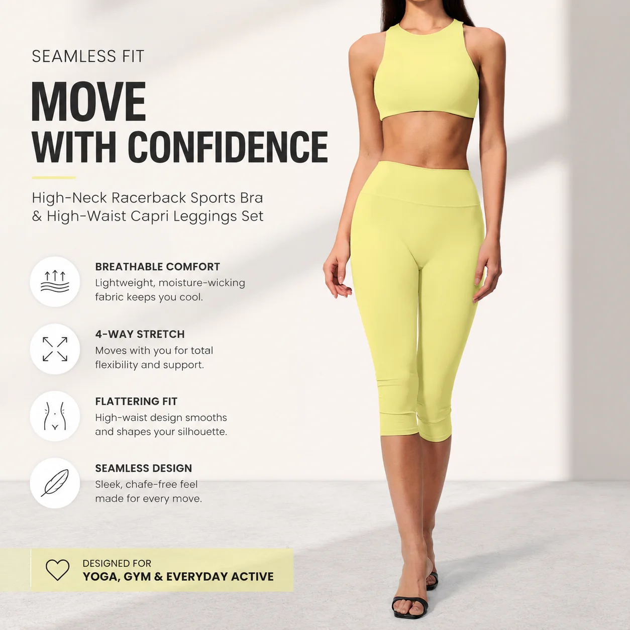 Seamless High-Neck Racerback Sports Bra And High-Waist Capri Leggings Set for Women Workout Outfit
