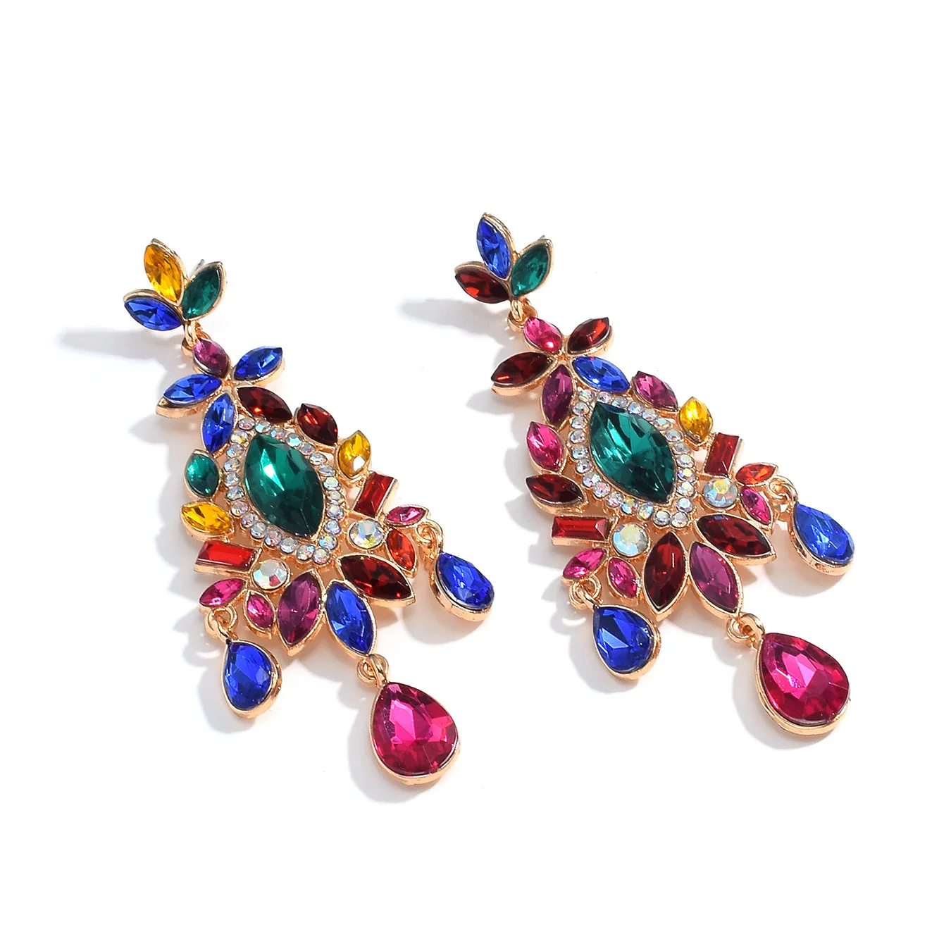 Cross-border diamond-encrusted flower water drop earrings light luxury high-end stud earrings court style shining colored diamon