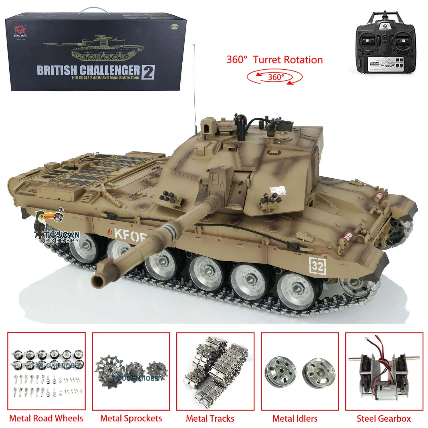 Heng Long 1/16 7.0 Customize Challenger II RC Tank 3908 360° Turret Metal Tracks Wheels Steel Gearbox Idler Toucan Toys for Men