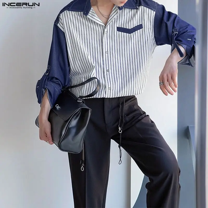 INCERUN الرجال قميص مخطط المرقعة اللون كتلة التلبيب كم طويل الرجال الملابس فضفاضة الشارع الشهير الكورية نمط بلوزات غير رسمية على الموضة