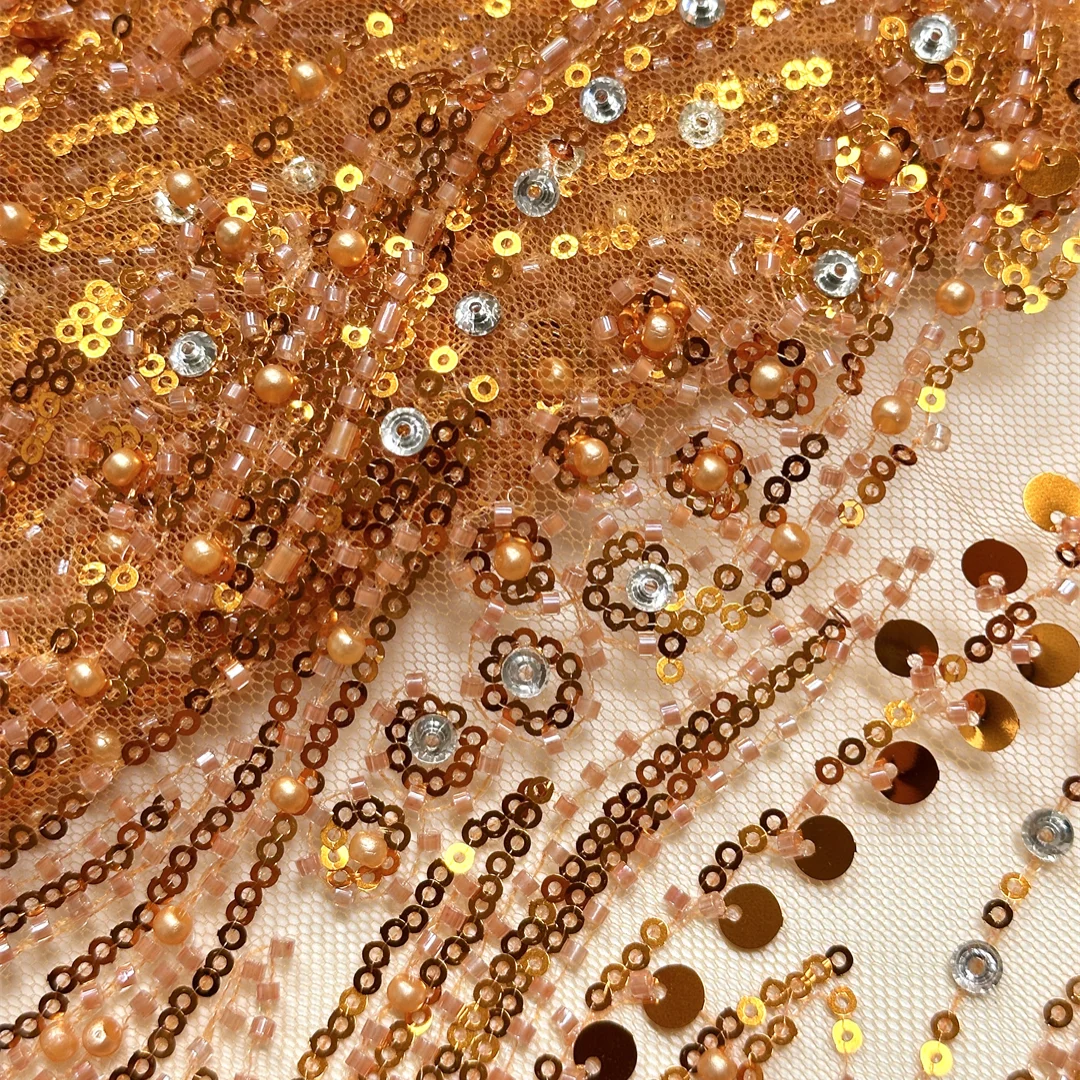 

Orange Lace Fabric 1 Yard French Tulle Beaded Sequins Embroidery Striped Design High Quality African Lace For Party Dress