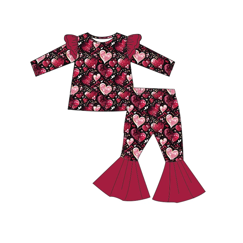 Valentine's Day boutique children's suit long-sleeved lace love print trousers bell-bottoms girl suit baby clothing