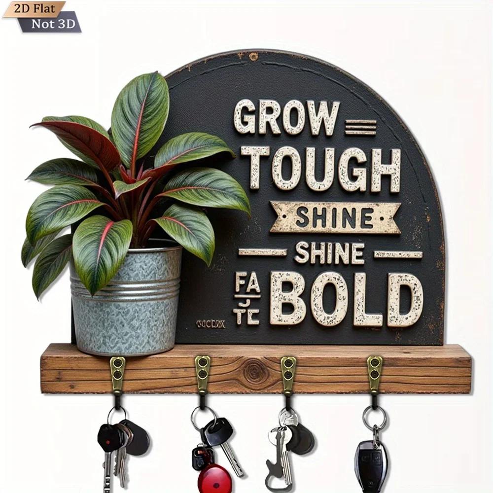 2D Flat, 1pc,  Iron Art Key Hook, Wooden Multifunctional Home Key Hanger, with four metal hooks, wall decoration, porch
