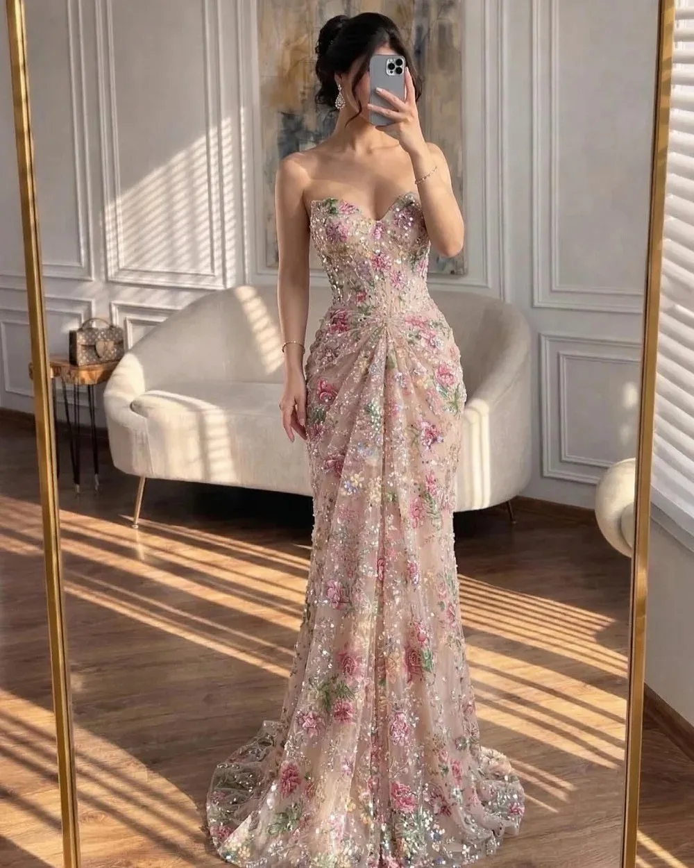 Вечернее платье-русалка Victoria Custom из тюля, без рукавов, с вырезом «сердечко», расшитое пайетками, с цветами ручной работы, для выпускного вечера или свадебных торжеств