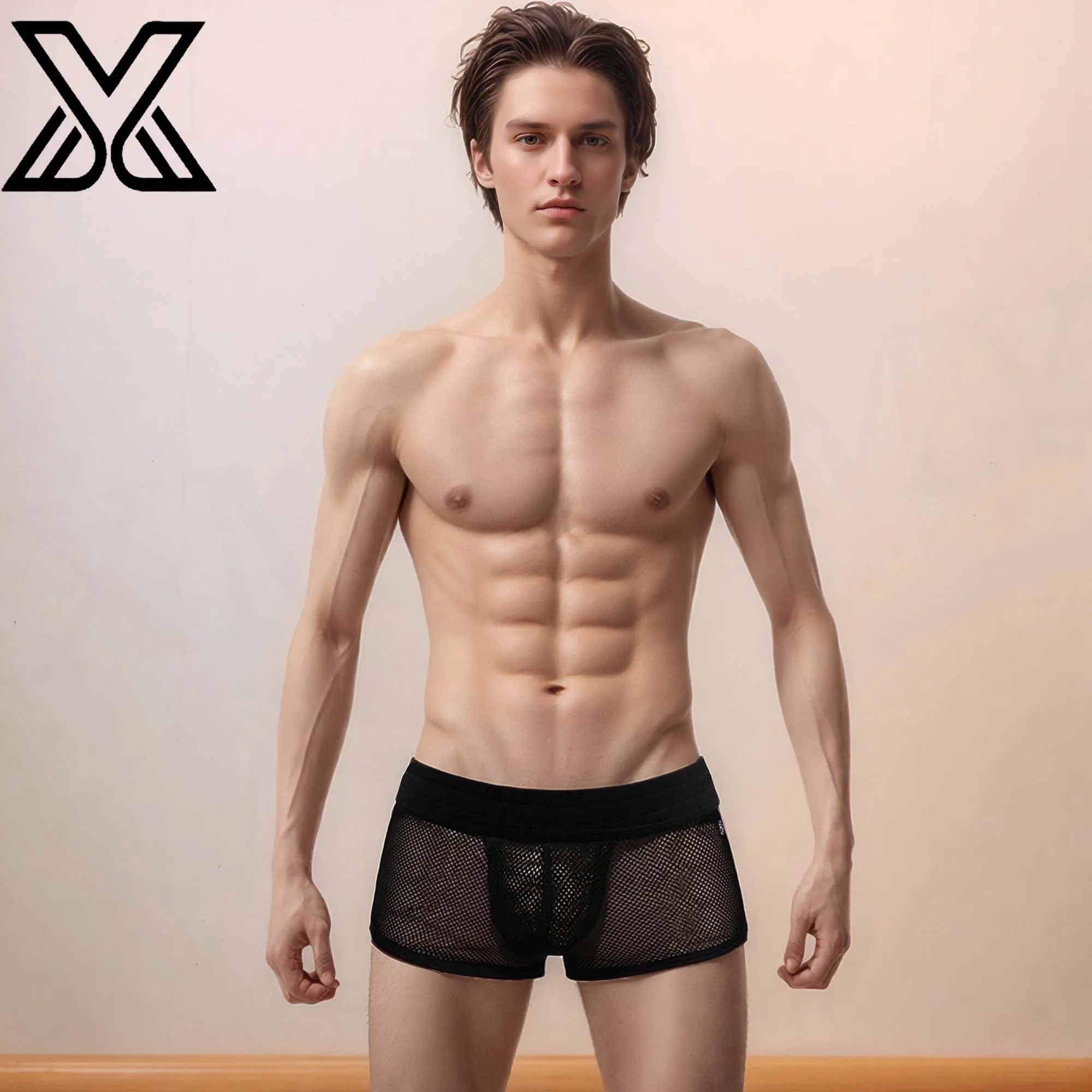 

XMJXMY Men's mesh side slit sexy hollow low waist fun mesh swimming trunks