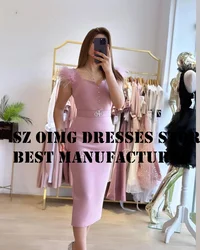 OIMG Short Prom Dresse Satin Arabic Short Sleeve Feathers Tea Length Pink Elegant Women Evening Gowns Formal Party Dress