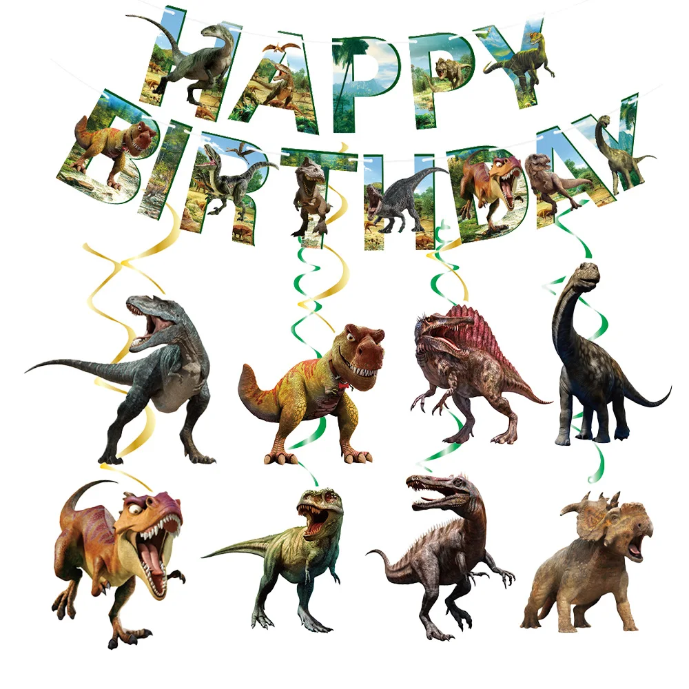 Dino-Geburtstagsparty-Dekorationsset: Banner, Girlande, Hängende Spiralen, Jurassic-Dinosaurier-Thema für Kinderpartys – Detail 1