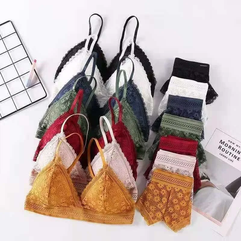 طقم حمالة صدر نسائية من الدانتيل الخلفي بدون حواف فولاذية كوب فرنسي مثلث مريح يغطي الصدر ملابس داخلية