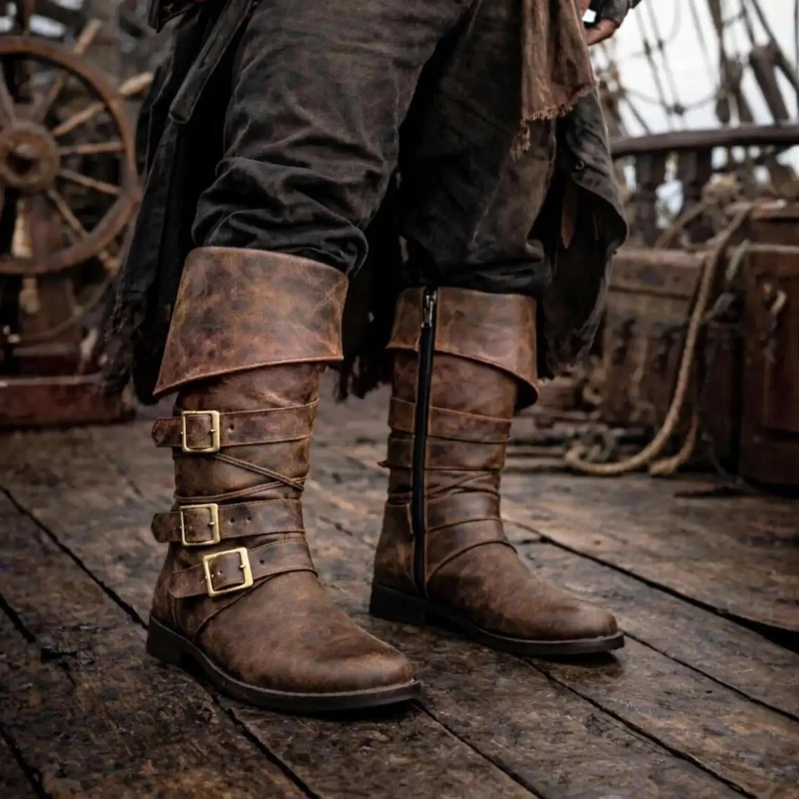 Vintage Distressed Leather Fold Top Knee Boots Medieval Pirate Captain Knight Renaissance Cosplay Boots For Halloween FancyDress