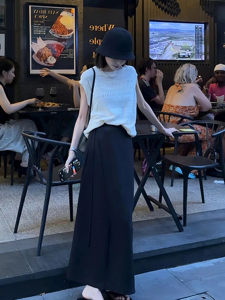 

Laid-ba Sle Универсальный цветной вязаный топ из ледяного шелка, свободный ажурный круглый жилет Ne, антивозрастной жилет