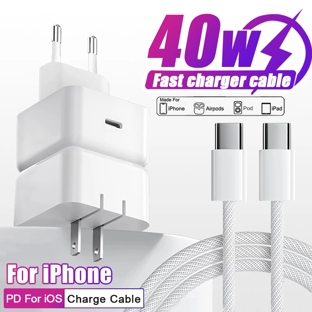 

Оригинальный адаптер питания 40 Вт, быстрое зарядное устройство USB C для iPhone 17 16 15 11 12 13 14 Pro Max Plus Air, зарядный кабель USB-C 60 Вт, линия передачи данных