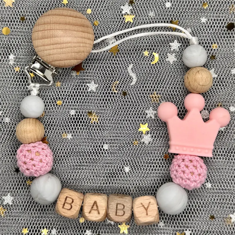 Custom Name Personalise Beech Baby Boy Girl Pacifier Clips Holder Chain Chew Silicone Crown Infant Newborn Teether Teething Gift