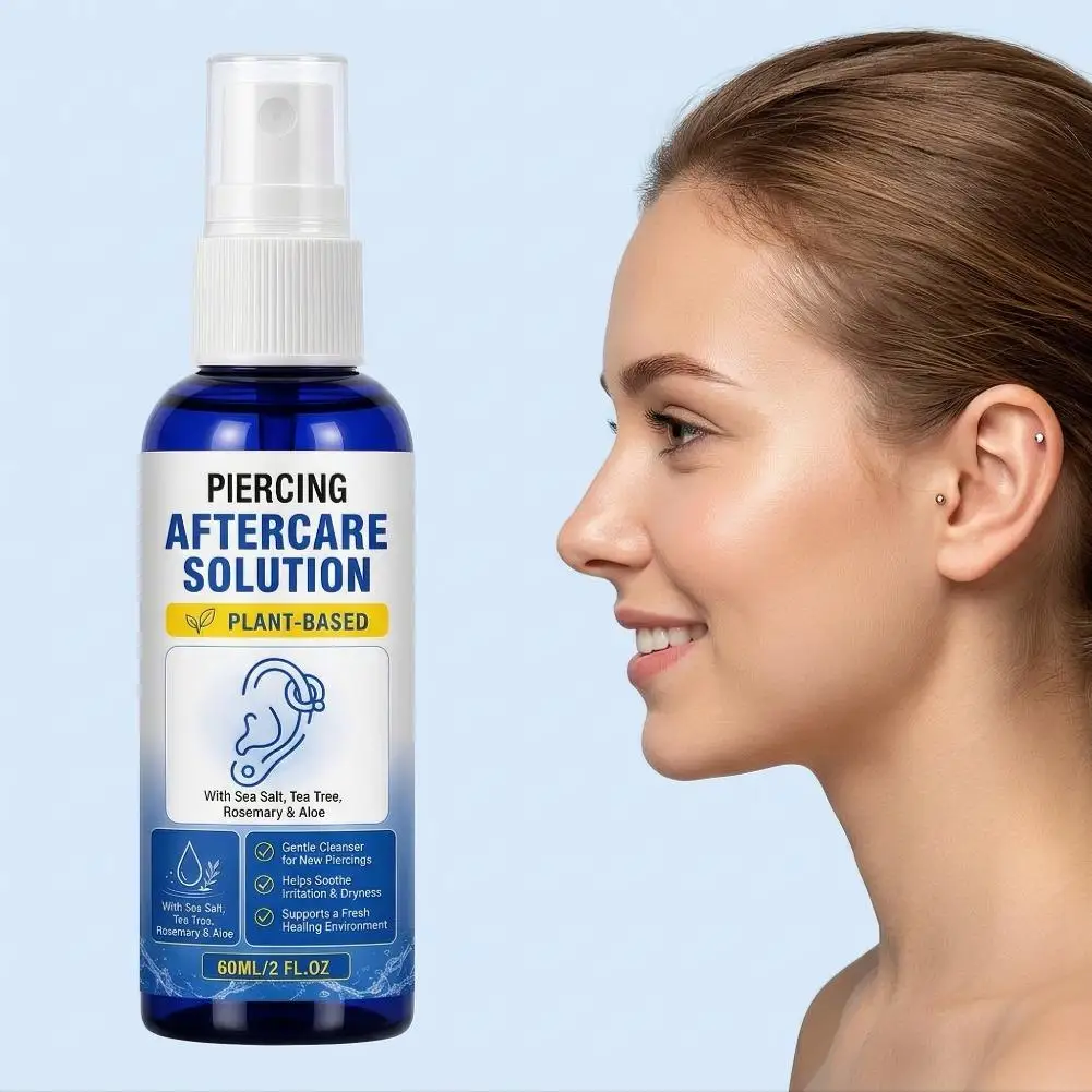 Ear Nose Piercing Cleansing Spray, Gentle Cleaning Care Spray for Pierced Skin, Plant Extract Body Piercing Cleaner 60ml