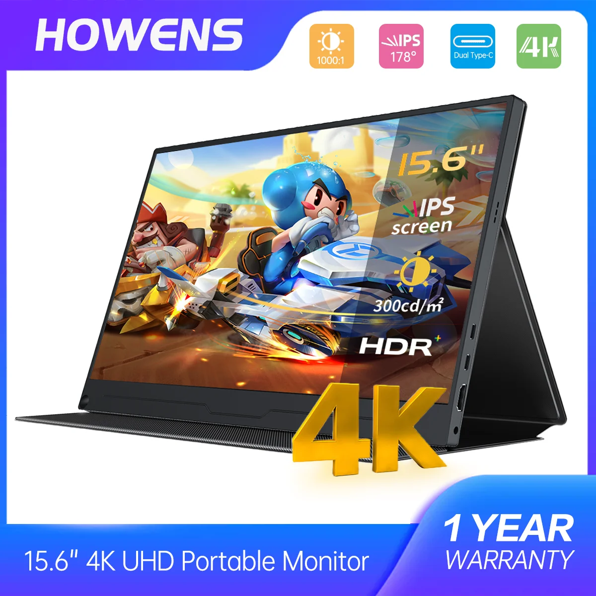 

4K 15.6 inch Portable Monitor IPS 3840x2160 Extended Screen Display Support HDMI Type-C for Xbox PS4 5 Switch Office Work Phone