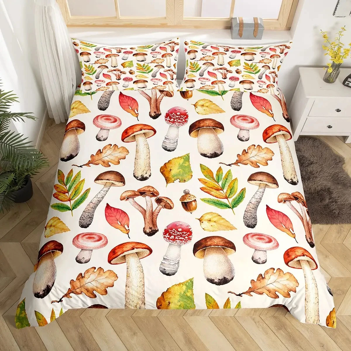 Mushroom Duvet Cover Set Burgundy Plant Fallen Leaves Bedding Set 2/3pcs for Boys Snail Print King Size Soft Comforter Cover