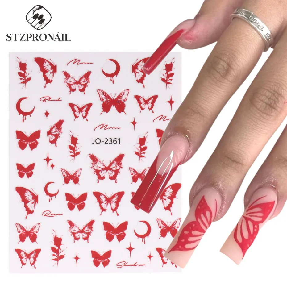 Red Butterfly Nail Sticker Y2K Holographic Blood Black Sexy Women Horror Lace Texture Decal Slider Decoration Manicure Tips SLSO