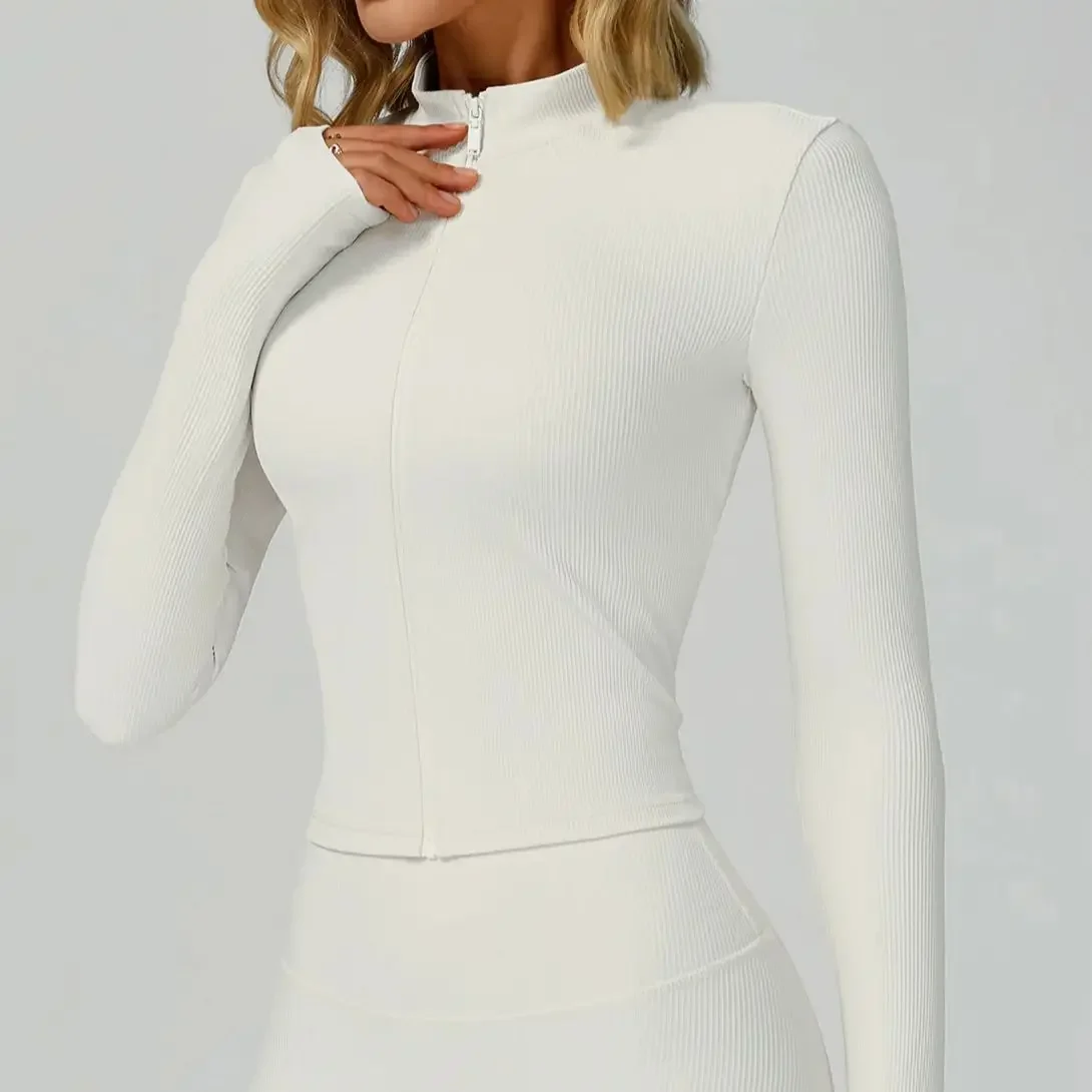 

Outdoor Ribbed Sports Long Sleeved Women Slim Yoga Quick Dry Zipper Cardigan Stand Up Collar Jacket Running Fitness Jacket Tops
