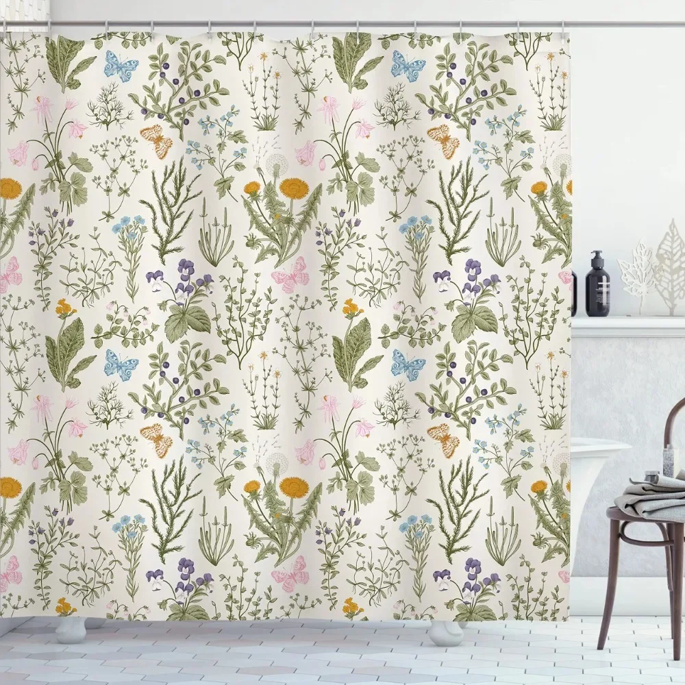 Vintage Garden Art Floral Shower Curtain, Heavy Weight Fabric, Washable Bath Curtains for Bathroom