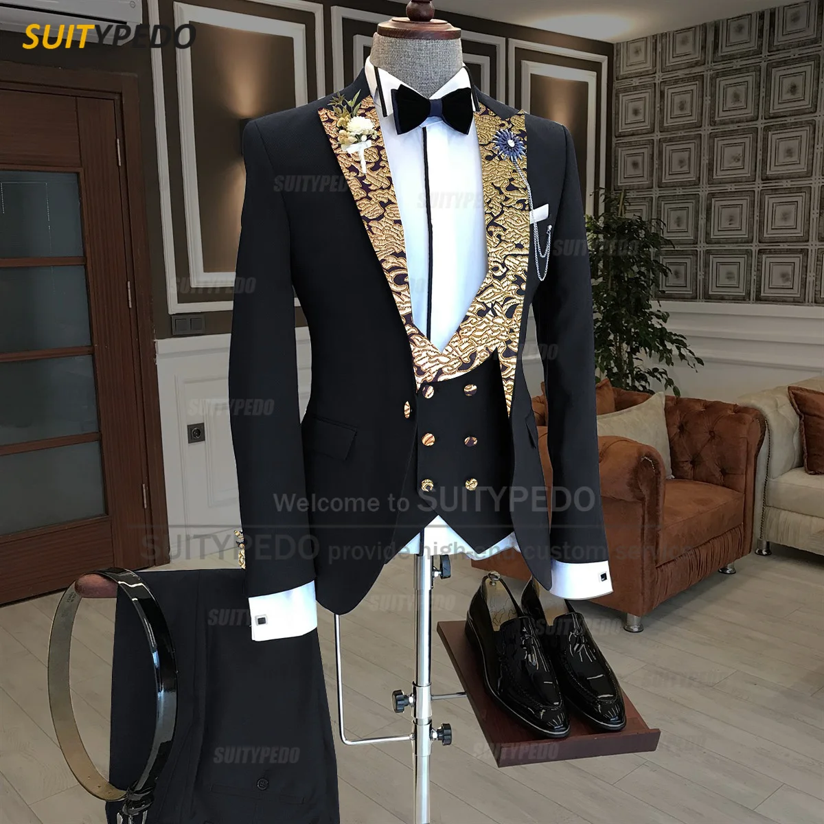 Luxury Men Suits Gold Printed Collar Formal Prom Male Elegant Costume Jacket Vest Pants 3 Pieces Wedding Party Fashion Tuxedos