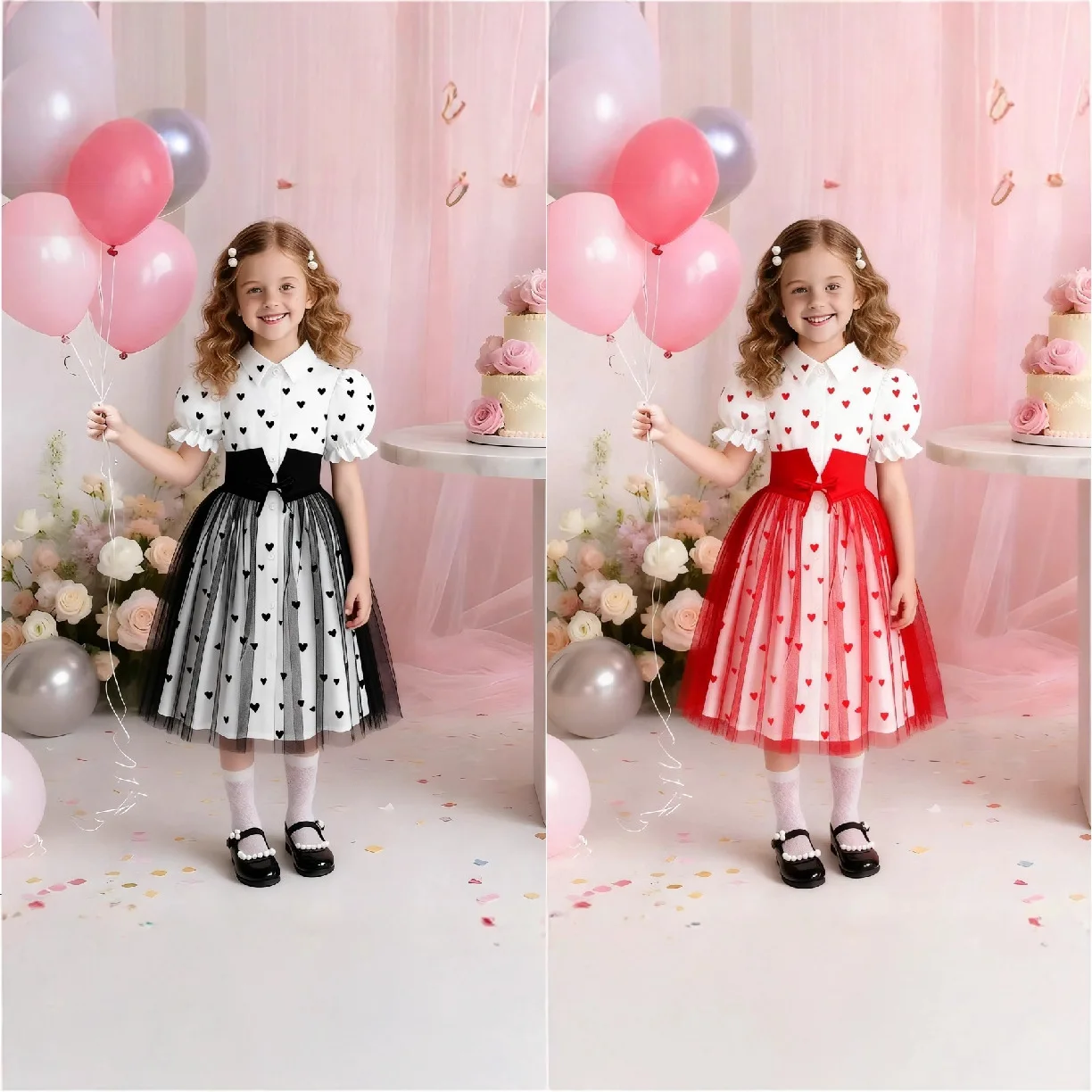 New Girls' Love Printed Princess Skirt with Mesh, Flying Sleeves, Fluffy Skirt, Sweet and Fashionable Style