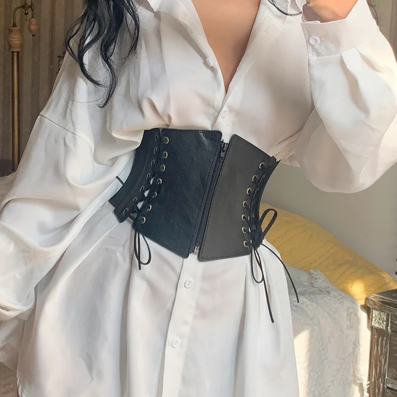 Fashion Punk Corset Wide Belts Women Slimming Body Elastic Bustier Waistband PU Leather Hip Hop Gothic Dress Girdle Body Shaper