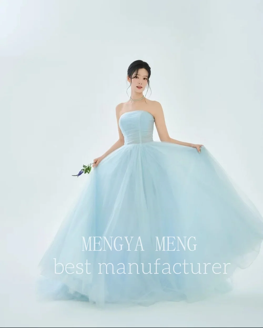 ZHUISHU Fresh Light Blue Tulle Strapless Evening Gown Princess Style 웨딩드레스 Korean Photo Shoot Bridal Gown Party Dress Customized