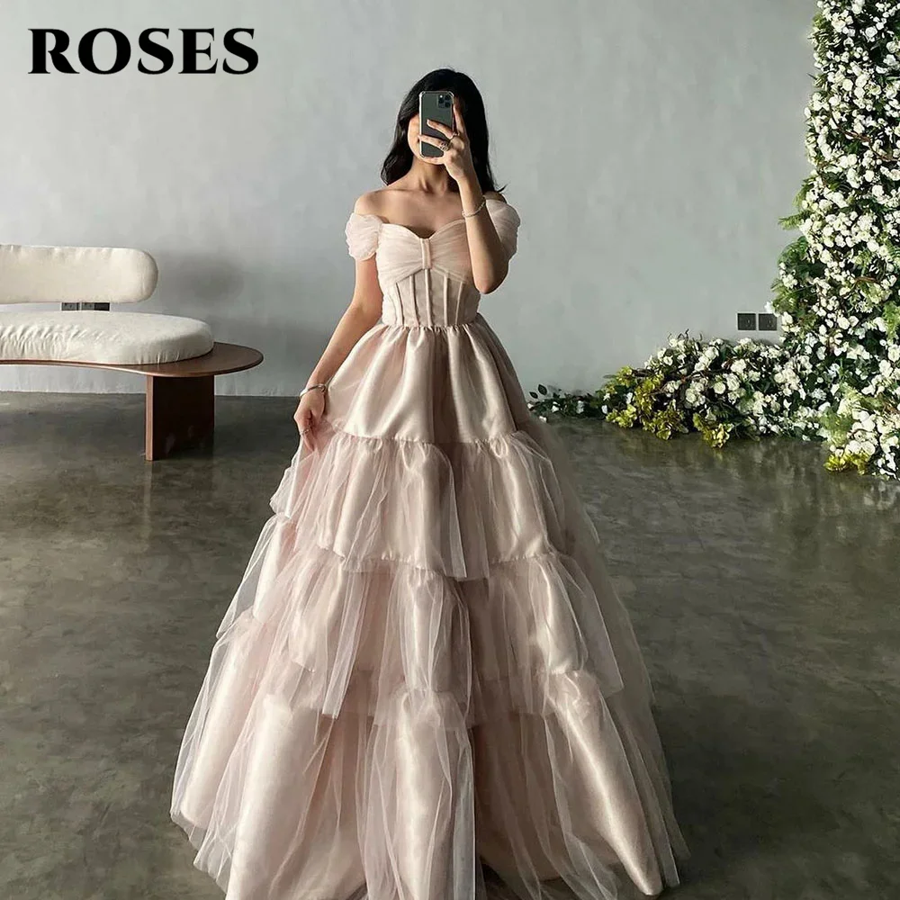 

ROSES Blush A Line Charming Prom Dress Gown Tiered Layer Formal Gown Off The Shoulder Sweetheart Evening Gown vestidos de noche