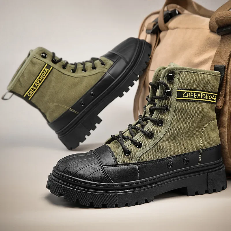 

Green Canvas Biker Boots Man Fashion Shell Head Men's Motorcycle Boots Outdoor Platform Casual Boots For Man botines para hombre