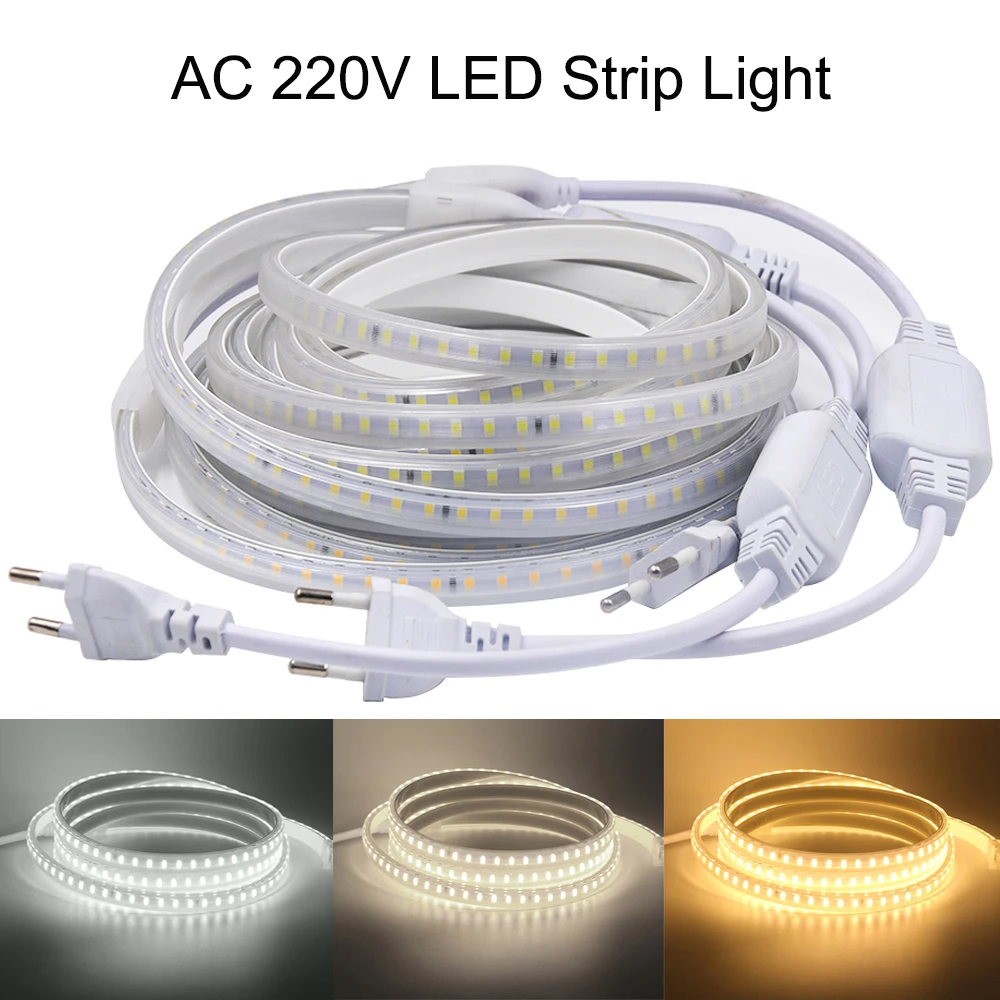 

220V LED Strip Light 2835 120LEDs/m Flexible LED Tape with Power Plug Waterproof Outdoor Garden Kitchen Bedroom Light Decoration