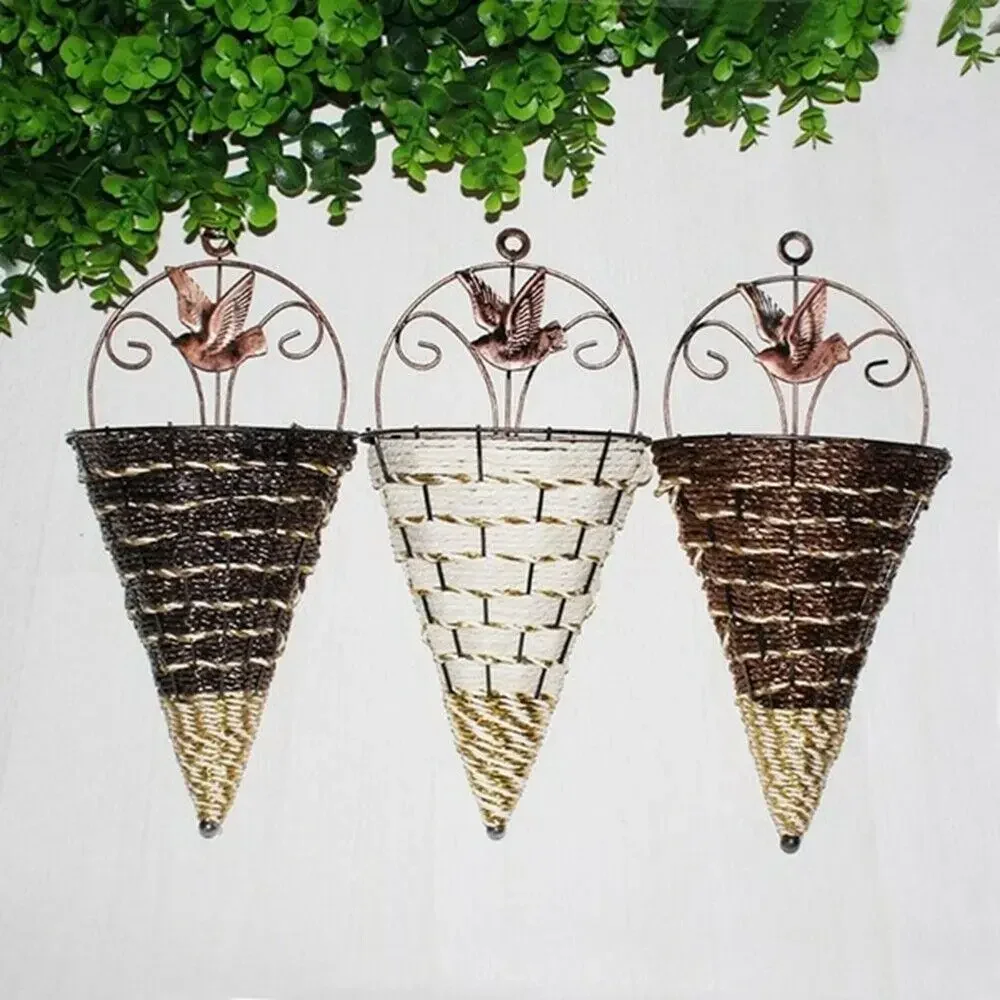 1Pcs Wall-mounted Wrought Iron Natural Wicker Flower Basket Vase Rattan Wall Hanging Pot Planter