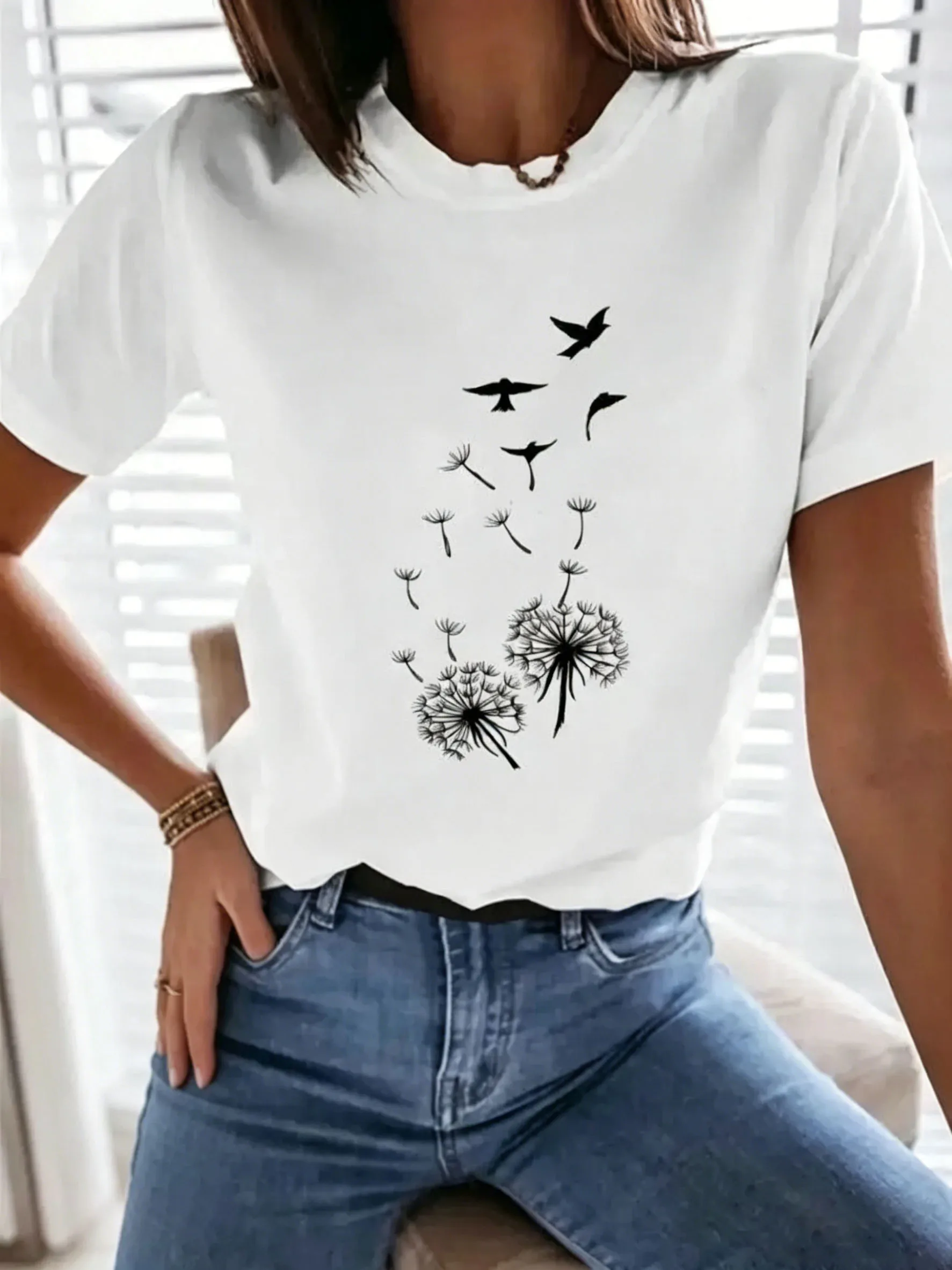 Women Dandelion Bird Graphic T Shirt Summer White O Neck Short Sleeve Tees Minimalist Nature Print Loose Soft  CasualDaily tops
