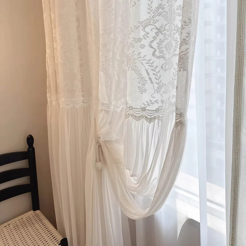 Custom Size French Jacquard Floral Lace Sheer Curtain Romantic Cream Style Elegant Curtain for Balcony Bedroom Window Decor