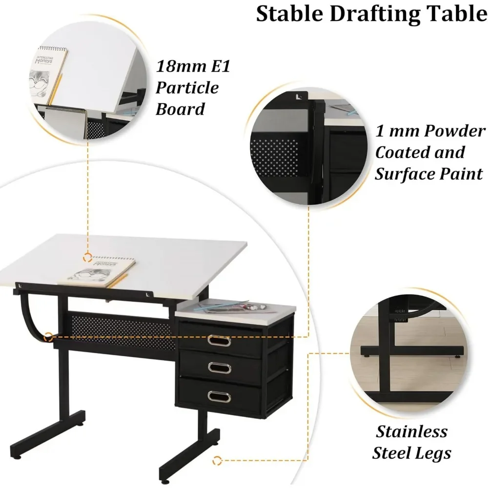 Adjustable School Desk, Drafting Table Versatile Paintings Storage with Tilting Temped Glasses Tabletop and Stool, School Desk