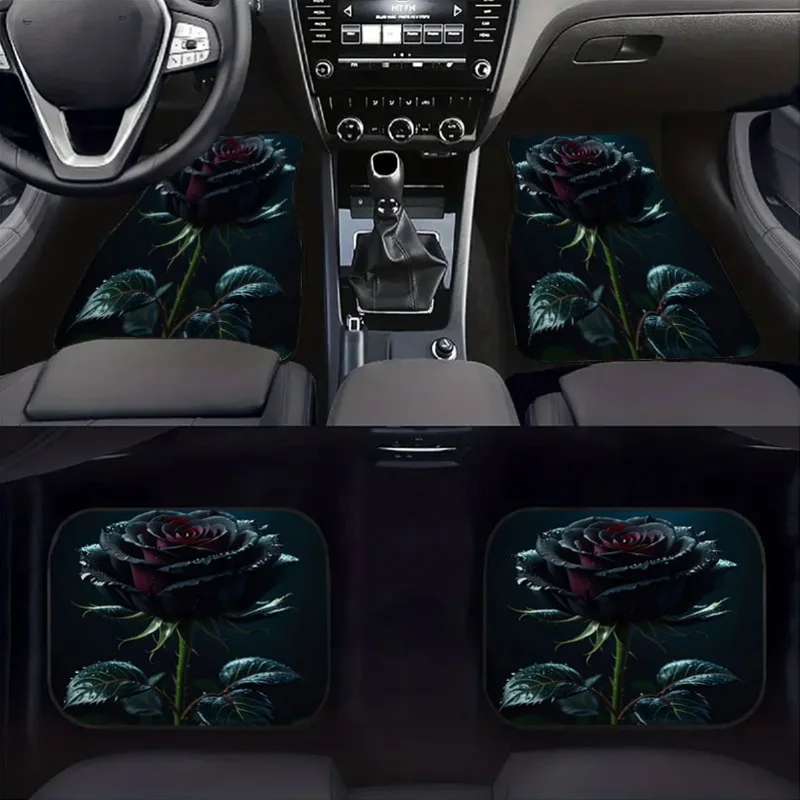 4 Stylish Rose-Patterned Car Floor Mat Sets, Crystal Velvet Anti-Slip Design, Decorate The Interior Space, Effectively Collect H